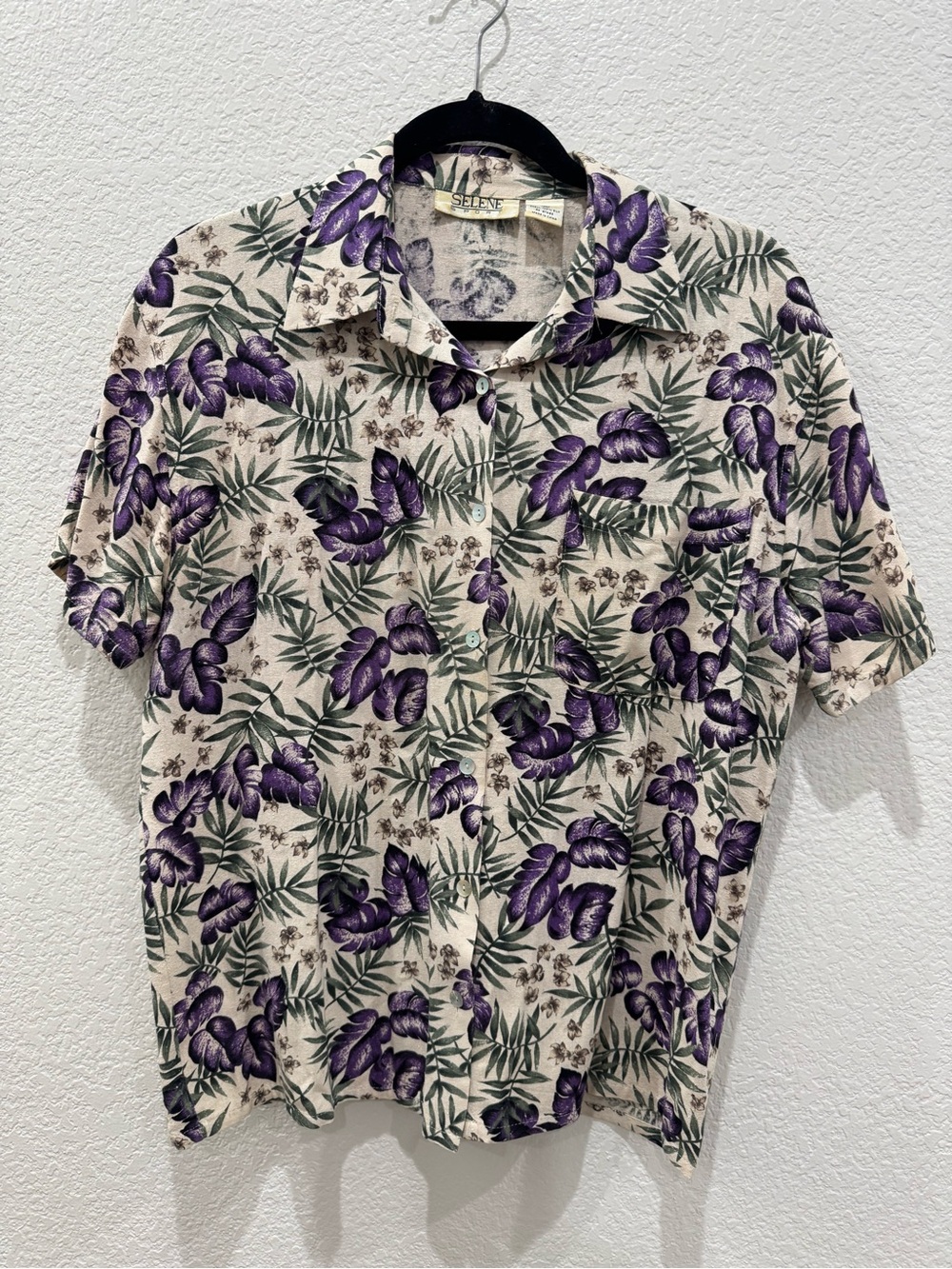 Vintage Selene Sport 100% Silk Floral Hawaiian Camp Shirt Purple Beige Women’s M